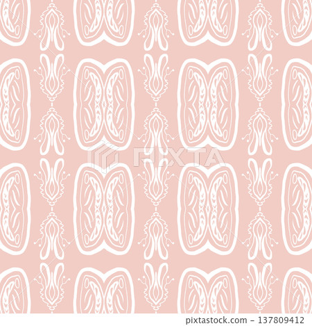 Blush Pink and White Boho Floral Seamless Pattern with Ornamental Medallions Blush Pink and White Boho Floral Seamless Pattern with Ornamental Medallions 137809412