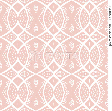 Blush Pink and White Boho Floral Seamless Pattern with Ornamental Medallions 137809415