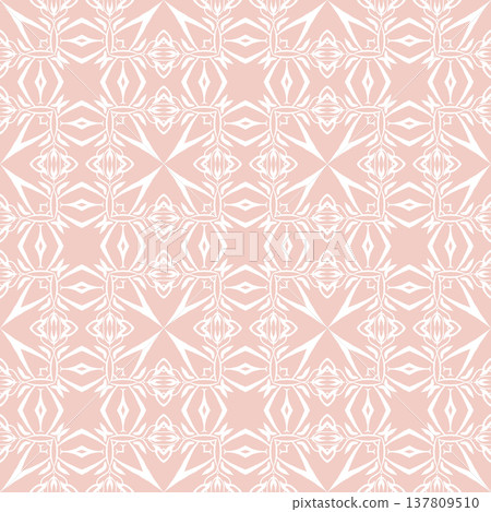 Blush Pink and White Boho Floral Seamless Pattern with Ornamental Medallions 137809510