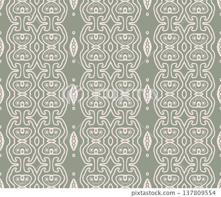 Sage Green and White Boho Ornamental Seamless Pattern with Floral Medallions and Leaves 137809554