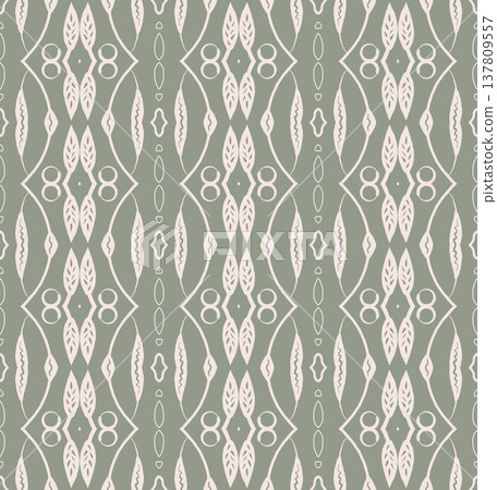 Sage Green and White Boho Ornamental Seamless Pattern with Floral Medallions and Leaves Sage Green and White Boho Ornamental Seamless Pattern with Floral Medallions and Leaves 137809557