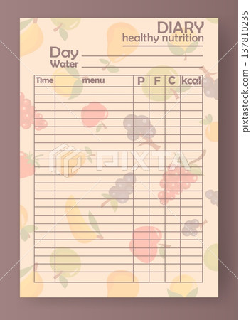 A blank diary template allows users to log daily meals and nutrition. It features sections for date, water intake, menu details, and calorie tracking A blank diary template allows users to log daily meals and nutrition. It features sections for date, water intake, menu details, and calorie tracking 137810235