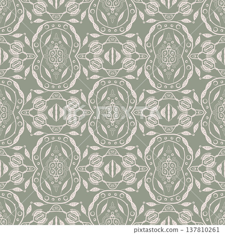 Sage Green and White Boho Ornamental Seamless Pattern with Floral Medallions and Leaves Sage Green and White Boho Ornamental Seamless Pattern with Floral Medallions and Leaves 137810261