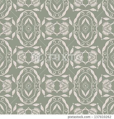 Sage Green and White Boho Ornamental Seamless Pattern with Floral Medallions and Leaves Sage Green and White Boho Ornamental Seamless Pattern with Floral Medallions and Leaves 137810262