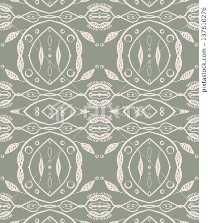 Sage Green and White Boho Ornamental Seamless Pattern with Floral Medallions and Leaves 137810276