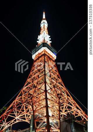 Night view of the Tokyo Tower in Minato, Tokyo, Japan. It is a lattice tower inspired by the Eiffel Tower. In Japan, the second-tallest tower is after Tokyo Skytree. 137810386