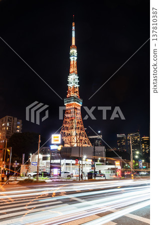 Night view of the Tokyo Tower in Minato, Tokyo, Japan. It is a lattice tower inspired by the Eiffel Tower. In Japan, the second-tallest tower is after Tokyo Skytree. 137810387
