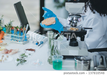 Chemical Laboratory of the Food supply . Food in laboratory, dna modify .GMO Genetically modified food in lab . 137810548