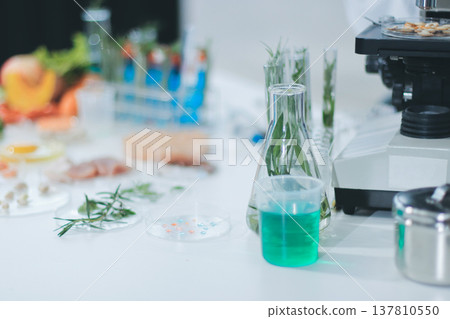 Chemical Laboratory of the Food supply . Food in laboratory, dna modify .GMO Genetically modified food in lab . 137810550