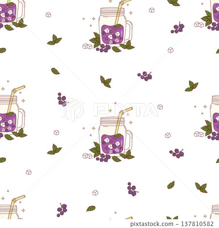 Purple Blackcurrant Drink Seamless Pattern. Seasonal Berries Cocktail, Mint and Ice Cubes in clear mason jar with straw on White Background. Summer Refreshing smoothie template. Vector Illustration 137810582