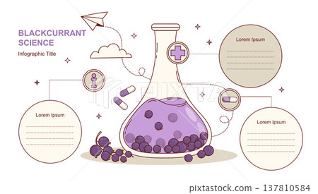 Blackcurrant Health Infographic Template. Natural Pharmacy and Medicine Horizontal Scheme. Purple Organic Extract in Lab Flask with text blocks and pill icons. Eco Ingredient. Vector Illustration Blackcurrant Health Infographic Template. Natural Pharmacy and Medicine Horizontal Scheme. Purple Organic Extract in Lab Flask with text blocks and pill icons. Eco Ingredient. Vector Illustration 137810584