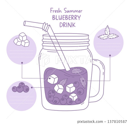 Fresh Summer Blueberry Drink Recipe Infographic in Mason Jar with Ingredients. Refreshing purple beverage with Ice Cubes, Mint and Berry with Straw. Vector Illustration 137810587