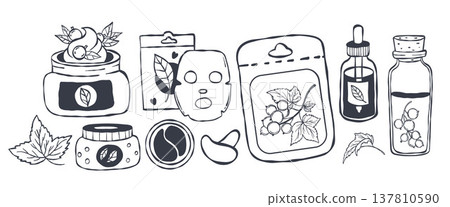 Blackcurrant Extract Cosmetic and Eco Skincare Set. Line Art Doodle of Bottles, Jars, Face Mask, Dropper and Eye Patch. Isolated hand-drawn on White. Vector Illustration. Blackcurrant Extract Cosmetic and Eco Skincare Set. Line Art Doodle of Bottles, Jars, Face Mask, Dropper and Eye Patch. Isolated hand-drawn on White. Vector Illustration. 137810590