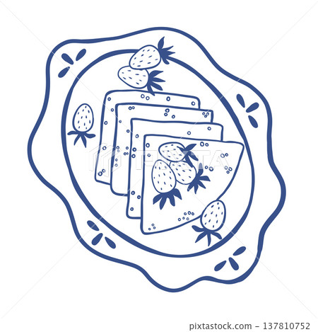 Hand drawn pancakes with strawberres on ornamental plate in blue outline style. Minimalist food vector illustration ideal for cafe menu design, deli branding, packaging and modern kitchen graphics Hand drawn pancakes with strawberres on ornamental plate in blue outline style. Minimalist food vector illustration ideal for cafe menu design, deli branding, packaging and modern kitchen graphics 137810752