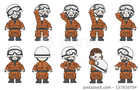 A set of full-body illustrations of a child wearing a rescue team uniform for a work experience program, JPG with a white background. A set of full-body illustrations of a child wearing a rescue team uniform for a work experience program, JPG with a white background. 137810784