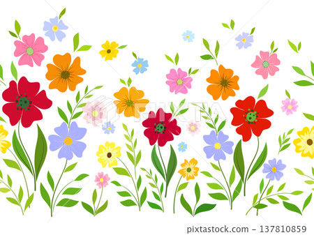 Seamless border of summer wild flowers in folk style. Vector pattern of bright flowers. Colorful bright flowers on white background. Romantic graceful floral design for textile, wallpaper, web, etc. Seamless border of summer wild flowers in folk style. Vector pattern of bright flowers. Colorful bright flowers on white background. Romantic graceful floral design for textile, wallpaper, web, etc. 137810859