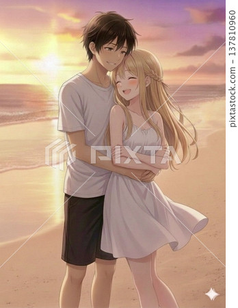 A couple sharing a romantic back hug on a beach at sunset. 137810960