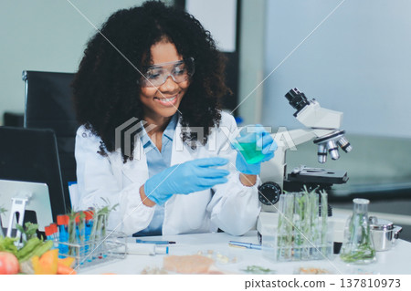 Chemical Laboratory of the Food supply . Food in laboratory, dna modify .GMO Genetically modified food in lab . 137810973