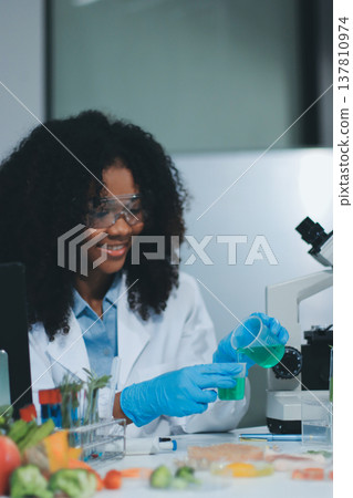 Chemical Laboratory of the Food supply . Food in laboratory, dna modify .GMO Genetically modified food in lab . 137810974