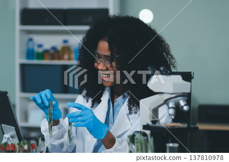 Chemical Laboratory of the Food supply . Food in laboratory, dna modify .GMO Genetically modified food in lab . 137810978