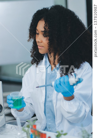 Chemical Laboratory of the Food supply . Food in laboratory, dna modify .GMO Genetically modified food in lab . 137810987