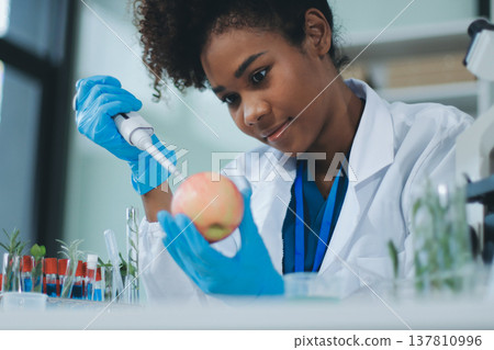 Chemical Laboratory of the Food supply . Food in laboratory, dna modify .GMO Genetically modified food in lab . Chemical Laboratory of the Food supply . Food in laboratory, dna modify .GMO Genetically modified food in lab . 137810996
