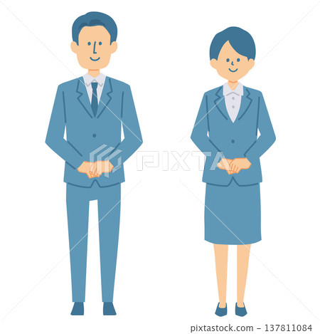 An illustration of a man and woman in suits giving a slight bow. 137811084