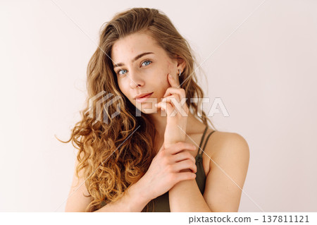 Woman no make up with red spots on her face. Health problem, skin diseases. Medicine and cosmetology Woman no make up with red spots on her face. Health problem, skin diseases. Medicine and cosmetology 137811121