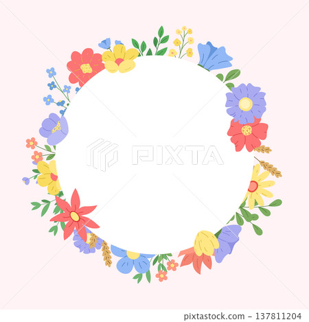 Round Flower banner frame or greeting card. Vector banner template with garden and wildflowers and leaf branches. Round Flower banner frame or greeting card. Vector banner template with garden and wildflowers and leaf branches. 137811204