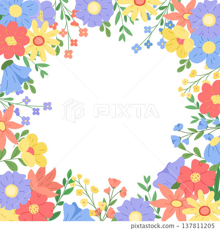 Flower banner frame or greeting card. Vector banner template with garden and wildflowers and leaf branches. Flower banner frame or greeting card. Vector banner template with garden and wildflowers and leaf branches. 137811205