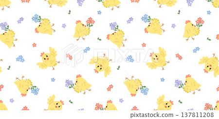 Seamless pattern of funny cartoon chickens, flowers. Vector illustration background, wallpaper for nursery, kids apparel, poster and postcard. 137811208