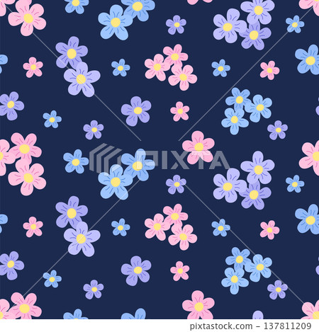 Seamless pattern with delicate forget-me-not flowers. Vector illustration wildflowers. Natural floral background. Seamless pattern with delicate forget-me-not flowers. Vector illustration wildflowers. Natural floral background. 137811209