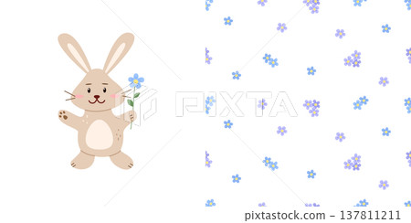 Cute cartoon bunny, hare with a flower. Animalistic vector illustration. Seamless pattern with delicate forget-me-not flowers. Floral spring background. Cute cartoon bunny, hare with a flower. Animalistic vector illustration. Seamless pattern with delicate forget-me-not flowers. Floral spring background. 137811211