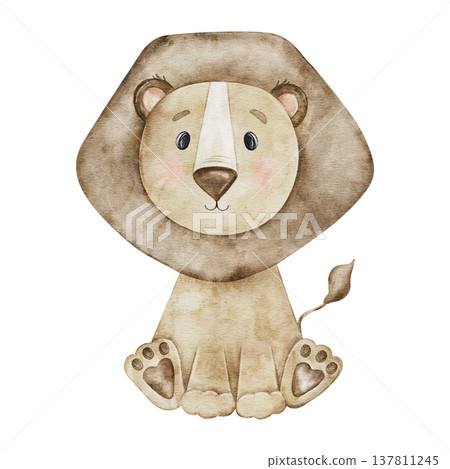 Cute baby lion, Safari animal. Hand painted watercolor illustration isolated on background. Cartoon clipart for wall sticker, poster, childrens book illustration, newborn print 137811245