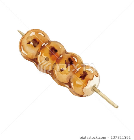 水彩風格的日式甜點（禦手洗團子）插圖。 137811591