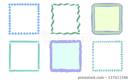 Square doodle frames vector illustration set. Hand drawn blue, green, purple borders with dotted, wavy and double line edges. Minimal flat background templates for card, label, packaging design 137811596