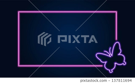 Neon frame with butterfly on dark blue background. Neon frame with butterfly on dark blue background. 137811694