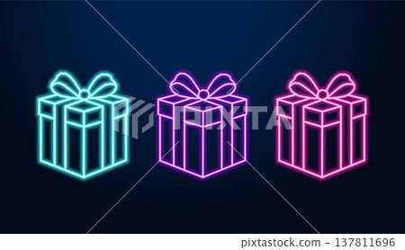Neon gift boxes set on dark blue background. Neon gift boxes set on dark blue background. 137811696