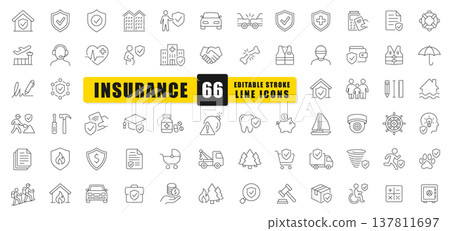 Insurance Line Icon Set Featuring Editable Stroke Vector Symbols. Includes Health, Auto, Home, Travel, Property, Liability, And Financial Protection Elements. Perfect For Apps, Web, Print, And Infogra Insurance Line Icon Set Featuring Editable Stroke Vector Symbols. Includes Health, Auto, Home, Travel, Property, Liability, And Financial Protection Elements. Perfect For Apps, Web, Print, And Infogra 137811697