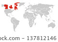 World map on a white background. World map with the country of Canada highlighted and its flag. Vector illustration 137812146