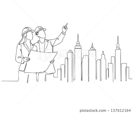 Line drawing of a female engineer, architect, and real estate. Female engineer and architect in line drawing. Editable outline. Vector illustration. Line drawing of a female engineer, architect, and real estate. Female engineer and architect in line drawing. Editable outline. Vector illustration. 137812164