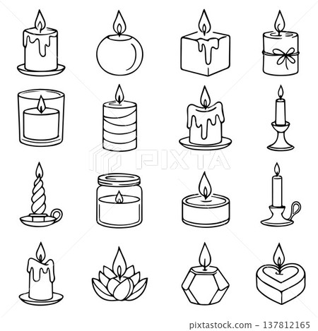 Candle doodle hand drawn icon set. Different shapes of wax candles, cubes, cylinders, balls. Burning candles. Vector illustration Candle doodle hand drawn icon set. Different shapes of wax candles, cubes, cylinders, balls. Burning candles. Vector illustration 137812165