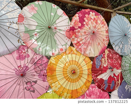 Colorful umbrella decorations at Yasaka Shrine and a traditional Japanese landscape. Colorful umbrella decorations at Yasaka Shrine and a traditional Japanese landscape. 137812225