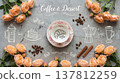 Coffee and Dessert Background with Peach Roses, Beans, Cinnamon and French Pastry Sketches 137812259