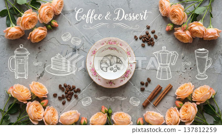 Coffee and Dessert Background with Peach Roses, Beans, Cinnamon and French Pastry Sketches Coffee and Dessert Background with Peach Roses, Beans, Cinnamon and French Pastry Sketches 137812259