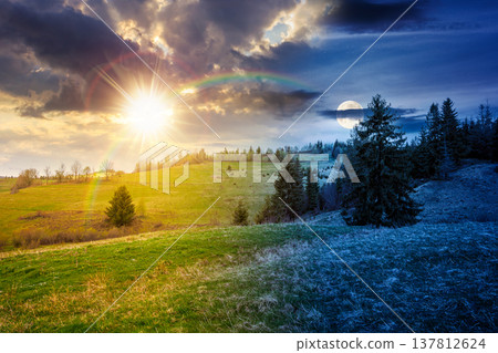 rolling hill with green field under cloudy sky in spring. day and night time change concept. scenic view countryside landscape in mountains with sun and moon at twilight. equality and shift template rolling hill with green field under cloudy sky in spring. day and night time change concept. scenic view countryside landscape in mountains with sun and moon at twilight. equality and shift template 137812624