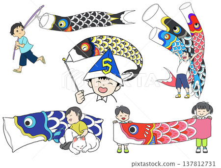 一組關於鯉魚旗和兒童的插圖。 137812731