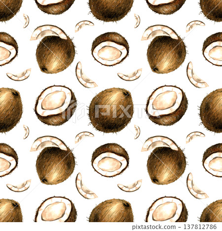 Watercolor coconut seamless pattern. Whole, half and slices tropical fruit. Simple repeat ornate illustration on transparent background with pieces of coco for food packaging, kitchen textile design 137812786