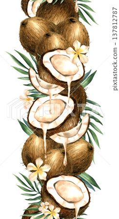 Watercolor coconut seamless border vertical, flowing white milk, dripping drop of oil. Tropical greenery and white flowers. Hand drawn repeat illustration isolated from background. Banner, frame Watercolor coconut seamless border vertical, flowing white milk, dripping drop of oil. Tropical greenery and white flowers. Hand drawn repeat illustration isolated from background. Banner, frame 137812787