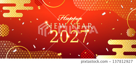 2027日式現代新年橫幅 | 紅金日式圖案 - 麻葉、一鬆、五彩紙屑背景模板 2027日式現代新年橫幅 | 紅金日式圖案 - 麻葉、一鬆、五彩紙屑背景模板 137812927